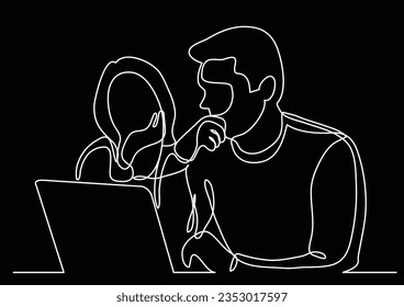 continuous line drawing of coworkers watching laptop computer together