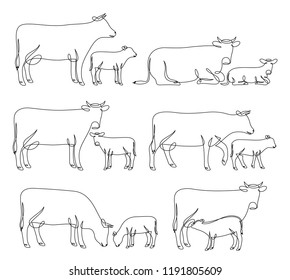 Continuous line drawing of cows and calves in different poses isolated on white for farms, groceries, butchery, dairy products packaging and branding.