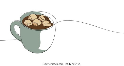 Continuous line drawing of a cozy cup filled with hot chocolate topped with marshmallows, ideal for winter beverage concepts. Vector illustration.
