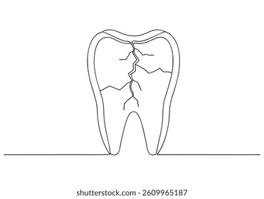 Continuous line drawing of a cracked tooth in a minimalist linear vector style for dental and medical concepts