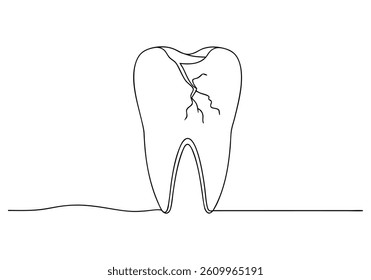 Continuous line drawing of a cracked tooth in a minimalist linear vector style for dental and medical concepts