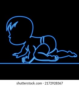 Continuous line drawing crawling baby Happy baby boy Little kid icon neon glow vector illustration concept