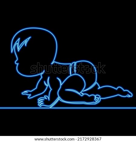 Continuous line drawing crawling baby Happy baby boy Little kid icon neon glow vector illustration concept
