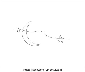 Continuous Line Drawing Of Crescent Moon For Ramadhan Element. One Line Of Crescent Moon. Moon Continuous Line Art. Editable Outline.

