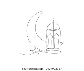 Continuous Line Drawing Of Crescent Moon For Ramadhan Element. One Line Of Crescent Moon. Moon Continuous Line Art. Editable Outline.
