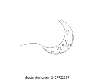 Continuous Line Drawing Of Crescent Moon For Ramadhan Element. One Line Of Crescent Moon. Moon Continuous Line Art. Editable Outline.
