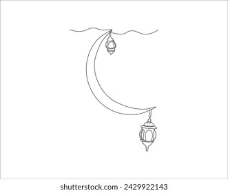 Línea Continua De Dibujo De La Luna Creciente Para El Elemento Ramadán. Una Línea De Luna Creciente. Línea de arte continuo lunar. Contorno editable.
