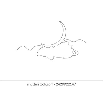Continuous Line Drawing Of Crescent Moon For Ramadhan Element. One Line Of Crescent Moon. Moon Continuous Line Art. Editable Outline.
