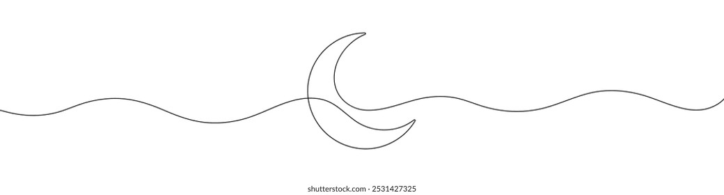 Continuous line drawing of Crescent moon icon. Lunar design elements. Earth's only natural satellite. Half moon outline. One line drawing. Single line art. Vector illustration.