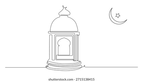 Dibujo de línea continua de la luna creciente y la estrella, saludo de Ramadán Kareem con linternas tradicionales Line Art
