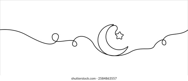 Continuous line drawing crescent and star 