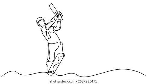 Continuous line drawing of a cricket player batting. Single line Cricket batsman players action sport graphic vector. A cricket batsman isolated of a white background.