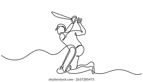 Continuous line drawing of a cricket player batting. Single line Cricket batsman players action sport graphic vector. A cricket batsman isolated of a white background.