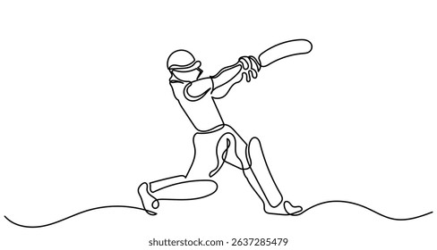 Continuous line drawing of a cricket player batting. Single line Cricket batsman players action sport graphic vector. A cricket batsman isolated of a white background.