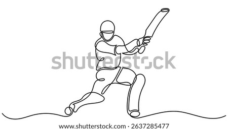 Continuous line drawing of a cricket player batting. Single line Cricket batsman players action sport graphic vector. A cricket batsman isolated of a white background.