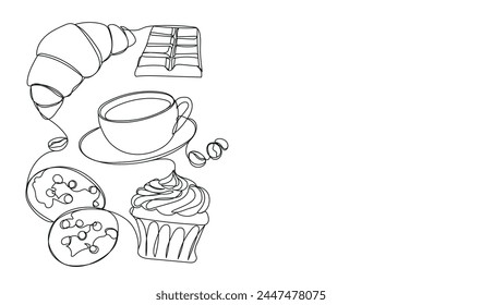 Continuous line drawing with croissant, coffee cup, cupcake, chocolate, cookies with empty space for text. Breakfast outline illustration. Sweet food, dessert line art