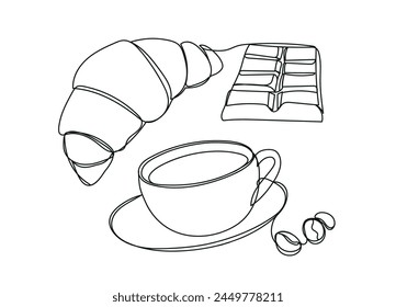 Continuous line drawing with croissant, coffee cup and chocolate. Breakfast outline illustration. Sweet food, dessert line art. Line art for cafe. Coffee cup outline.