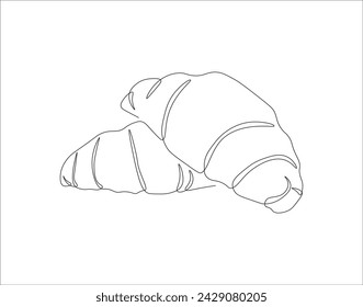 Continuous Line Drawing Of Croissant. One Line Of Baguette. French Bread Croissant Continuous Line Art. Editable Outline.
