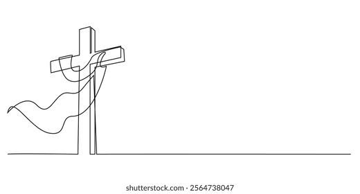 continuous line drawing of a cross with a flying cloth.one line drawing of the sign of Jesus' crucifixion wrapped around a flying cloth.single line vector illustration.isolated on white background