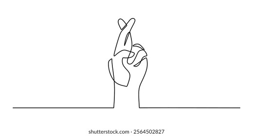 Continuous line drawing of crossed fingers. Representing optimism, good fortune, and the anticipation of a successful outcome. Vector illustration one line art minimalist.
