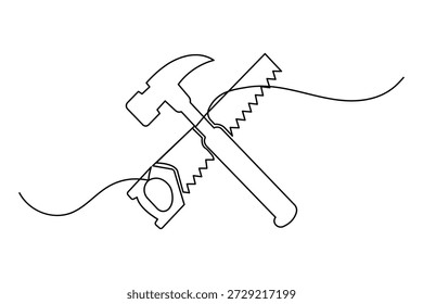 Durchgehende Linienzeichnung eines gekreuzten Hammers und einer Handsäge für die Schreinerei und den Bau
