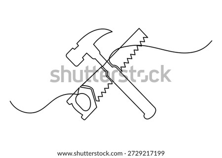 Continuous line drawing of a crossed hammer and hand saw for carpentry and construction