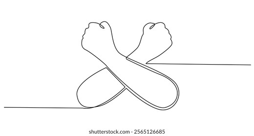 continuous line drawing of crossed hands.one line drawing of clenched and crossed hands.strength sign and resist sign.simple single line vector illustration.isolated white background