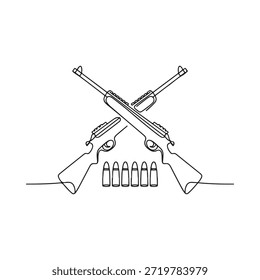Continuous line drawing of crossed rifles and ammunition minimalistic black and white