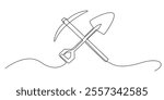 continuous line drawing of crossed shovel and pickaxe.one line drawing of mining tools. single line drawing of mining symbol sign. isolated white background