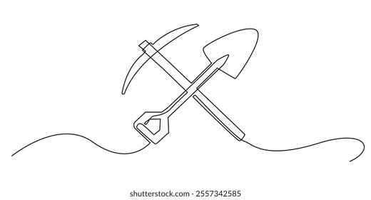 continuous line drawing of crossed shovel and pickaxe.one line drawing of mining tools. single line drawing of mining symbol sign. isolated white background