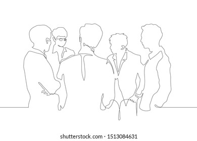 A continuous line drawing of a crowd of men in suits, one of them says the rest are watching and listening to him. The concept of discussion, friendship, informal conversation, successful negotiations