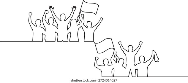 Dibujo de línea continuo de una multitud de aficionados al fútbol vitoreando con banderas en un estadio