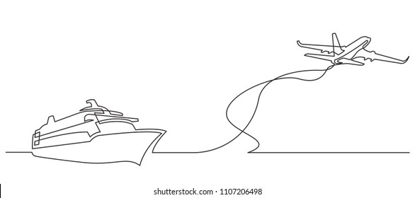 Continuous Line Drawing Of Cruise Ship And Passenger Airplane