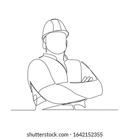 Continuous line drawing of cunstruction worker with blueprint paper. One line art of architect hold design paper of building. Vector illustration.