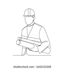 Continuous line drawing of cunstruction worker with blueprint paper. One line art of architect hold design paper of building. Vector illustration.