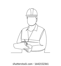 Continuous line drawing of cunstruction worker with blueprint paper. One line art of architect hold design paper of building. Vector illustration.