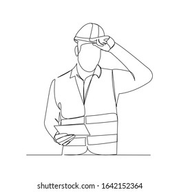 Continuous line drawing of cunstruction worker with blueprint paper. One line art of architect hold design paper of building. Vector illustration.