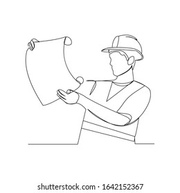 Continuous line drawing of cunstruction worker with blueprint paper. One line art of architect hold design paper of building. Vector illustration.