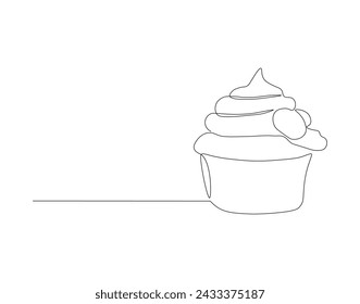 Continuous Line Drawing Of Cup Cake. One Line Of Muffin Cake. Cake Continuous Line Art. Editable Outline.
