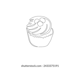 Continuous Line Drawing Of Cup Cake. One Line Of Muffin Cake. Cake Continuous Line Art. Editable Outline.
