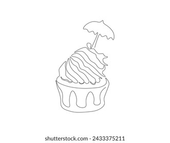 Kontinuierliche Strichzeichnung von Becherkuchen. Eine Reihe Muffin-Kuchen. Cake Continuous Line Art. Bearbeitbare Gliederung.
