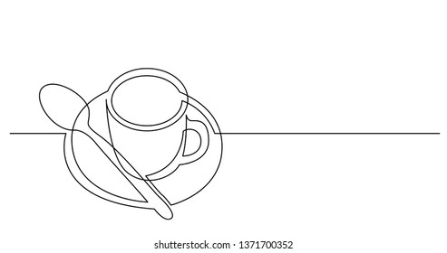 continuous line drawing of cup of coffee with spoon and saucer