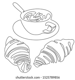 Continuous line drawing of cup of coffee or cappuccino with croissants. Vector illustration.