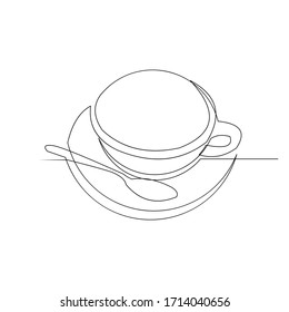 continuous line drawing of cup of coffee or tea with spoon. Vector illustration.