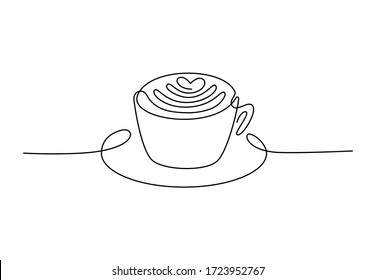 Continuous line drawing of cup of coffee or matcha. Hand drawing art breakfast theme with linear plate and cup for logo. Simple sketch design isolated on white background. Vector illustration