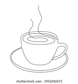 Continuous line drawing of cup of coffee or tea. Contour of Hot drink with smoke isolated on white background. Abstract Vector illustration