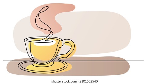 continuous line drawing of cup of coffee with saucer