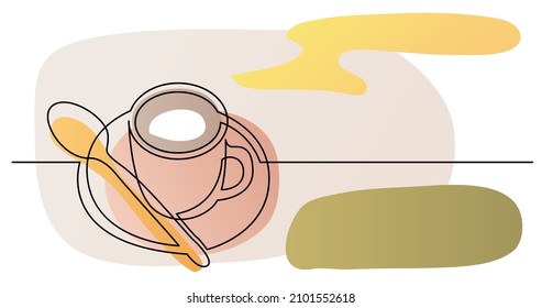dibujo continuo de la taza de café con cuchara y platillo