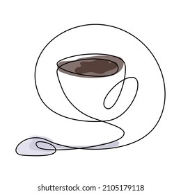 Continuous line drawing of cup of coffee with spoon. Colorful sketch. Vector illustration.