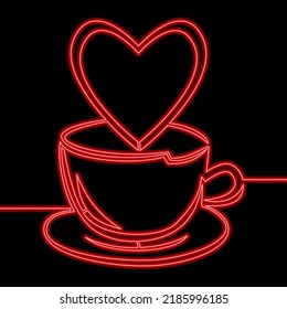 Continuous line drawing cup of coffee with heart shaped icon neon concept